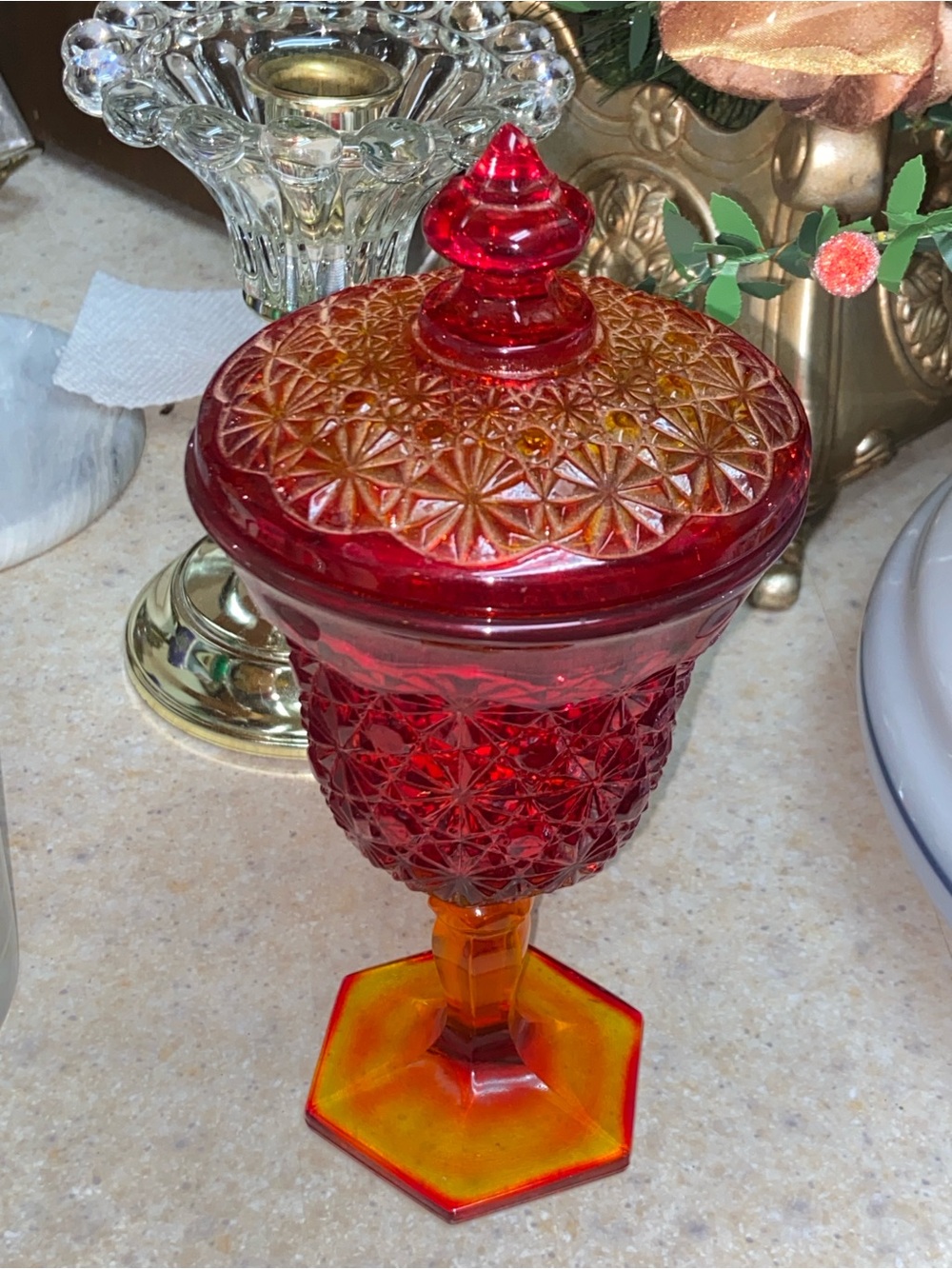 Ruby Red and Amber Glass Covered Compote - Decorative Candy Daisy Glass Pedestal